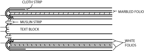 Figure 24: The endpaper from Figure 23 is sewn on, and then reinforced with a strip of muslin.