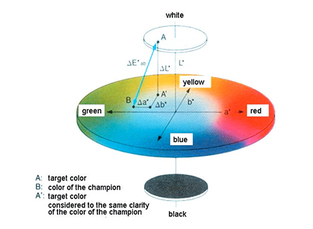 Figure 1: Representation of the ΔE in the chromaticity diagram L*a*b* (Lorusso et al. 2008). In this diagram, the target color (A) refers to what would be considered the original measurement, while the “champion” (B) refers to a second measurement taken later in time.