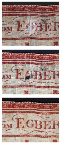Three images showing the same area of damage on a copperplate printed handkerchief. The top image shows extensive darning over a loss, the middle image is the area of damage after the darning was removed, and the bottom image shows a visually whole area of the printed text on the handkerchief.