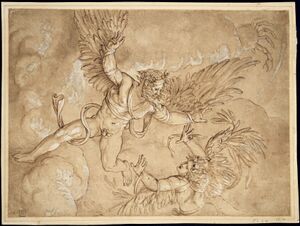 Copy after Giulio Romano's Fall of Icarus, after 1536. After Giulio Romano (Italian, 1492/99–1546). Pen and brown ink and brush and brown wash over red chalk, heightened with lead white. The Cleveland Museum of Art (1992.90).