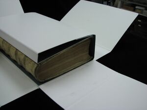 The shape of this book prevented it from sitting properly on the shelf. The box's fore edge flap prevents the book from slipping while the box is closed.