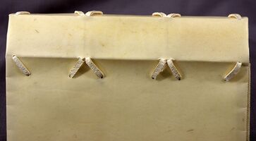 Split alum-tawed thongs used as sewing and endband supports are laced through holes in the limp vellum case