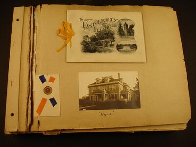 Brittle scrapbook pages fracturing from a post binding. Lewis T. Gregory Scrapbook, 1909-1913 Scrapbook, University Archives, University of Illinois. Photo credit: Laura Larkin.