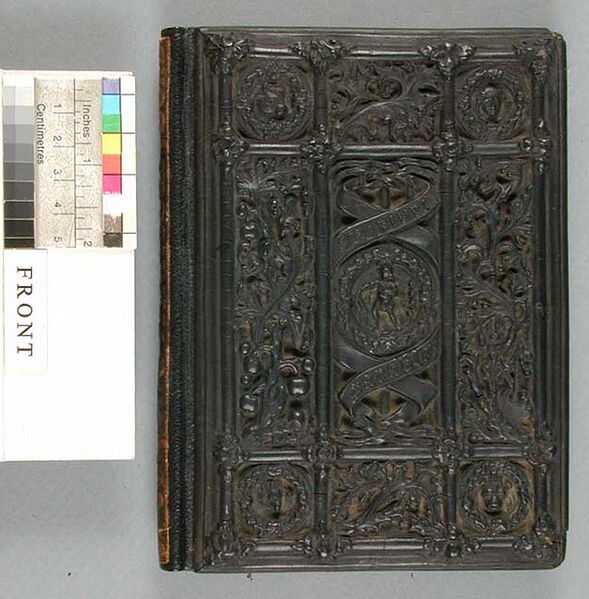 "Relievo" or Papier Mache Binding by Remnant & Edwards for Parables of Our Lord, published by Longman & Co in London, 1847. This copy is located at the Harry Ransom Humanities Research Center.