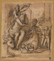 "The Nativity with the Dream of Joseph", c. 1527/30?. Parmigianino (Italian, 1503–1540). Pen and brown and black ink and brush and brown wash, with traces of brush and black wash, heightened with lead white (oxidized). The Cleveland Museum of Art (1924.1003).