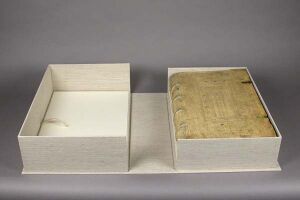Cloth covered clamshell box with interior cradle. Photograph by Katherine Kelly.
