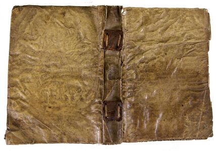 English limp vellum binding, 1522, with exterior leather spine plates and linen tackets. 160- 450q, Folger Shakespeare Library, Washington, D.C.